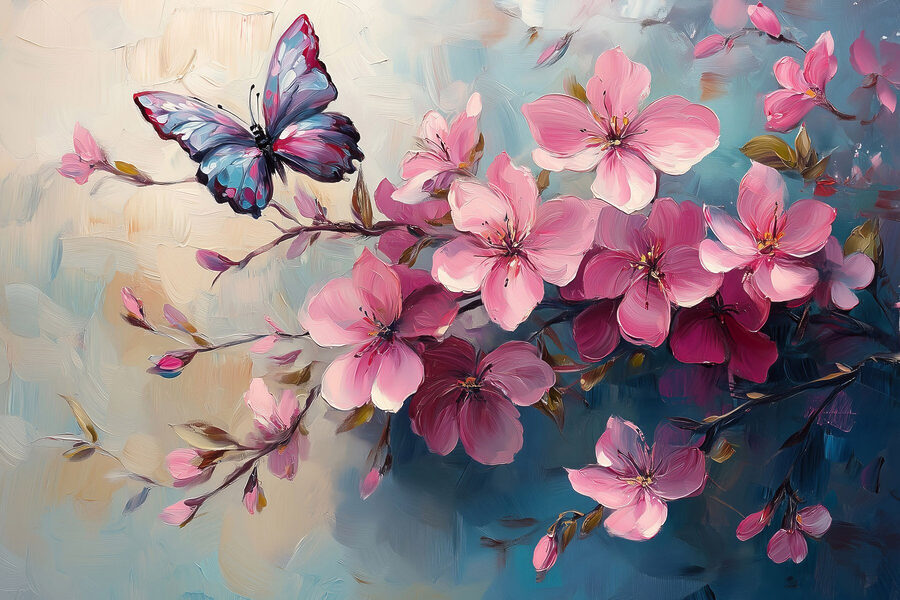 Vlinder op een tak met roze bloemen