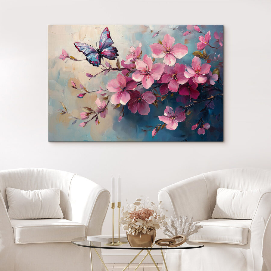 Vlinder op een tak met roze bloemen