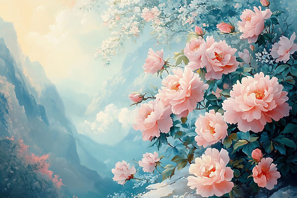 Schilderij van roze bloemen Schilderij van roze bloemen