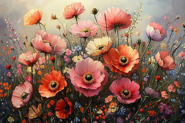 Schilderij van bloemen in een veld Schilderij van bloemen in een veld