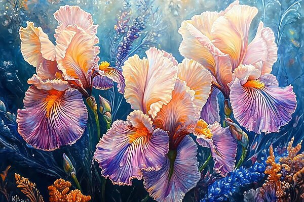 Schilderij van bloemen met gele en paarse bloemblaadjes Schilderij van bloemen met gele en paarse bloemblaadjes
