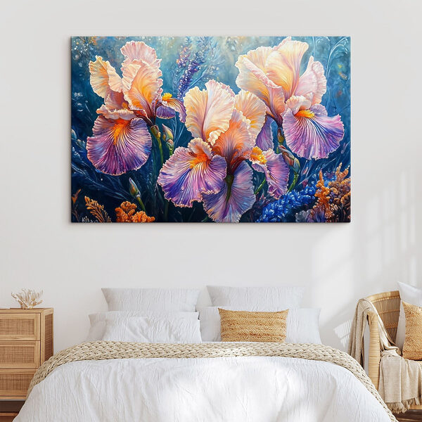 Schilderij van bloemen met gele en paarse bloemblaadjes Schilderij van bloemen met gele en paarse bloemblaadjes
