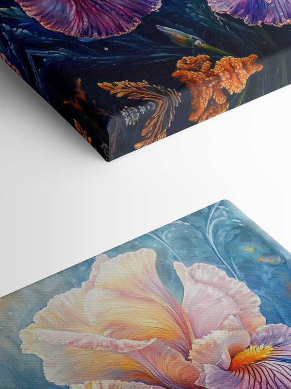 Schilderij van bloemen met gele en paarse bloemblaadjes Schilderij van bloemen met gele en paarse bloemblaadjes
