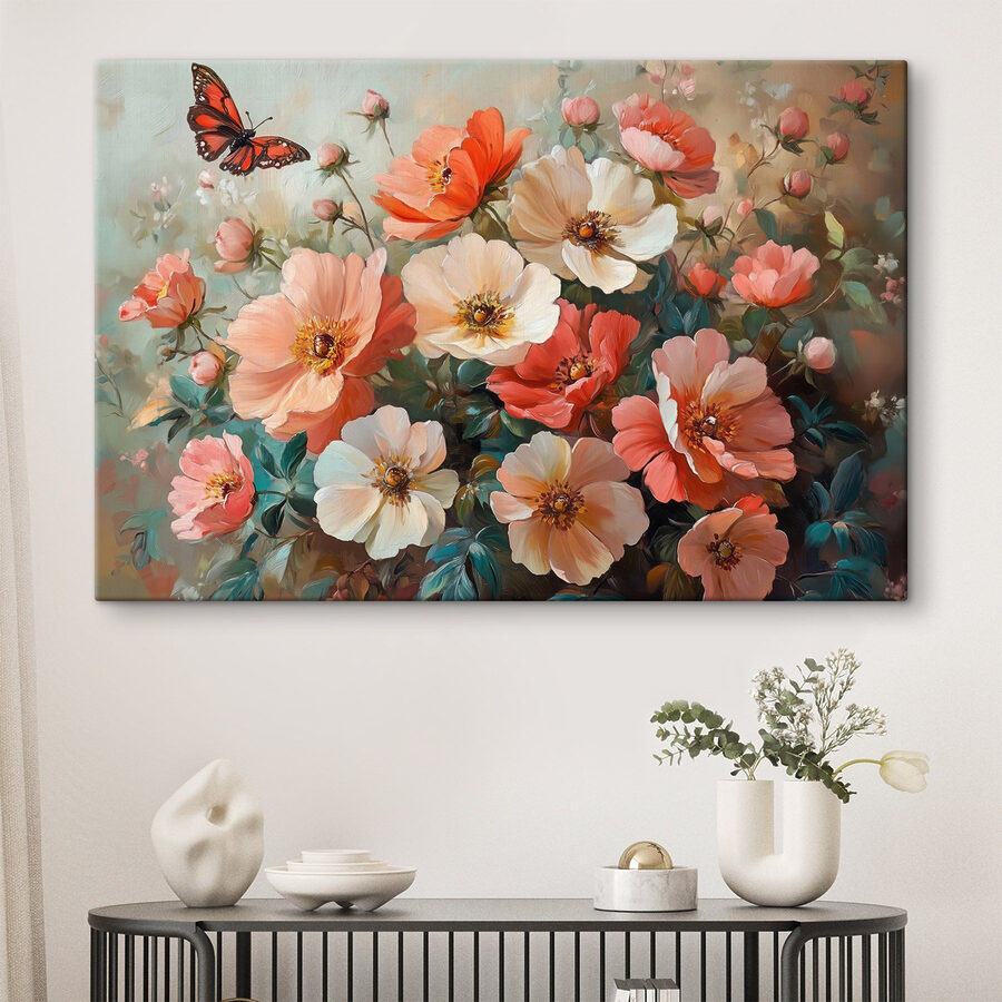 Vlinder vliegend over een boeket bloemen