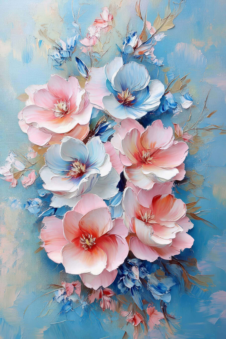 Schilderij van bloemen op een blauw oppervlak
