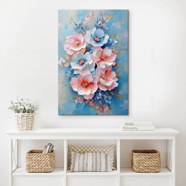 Schilderij van bloemen op een blauw oppervlak Schilderij van bloemen op een blauw oppervlak