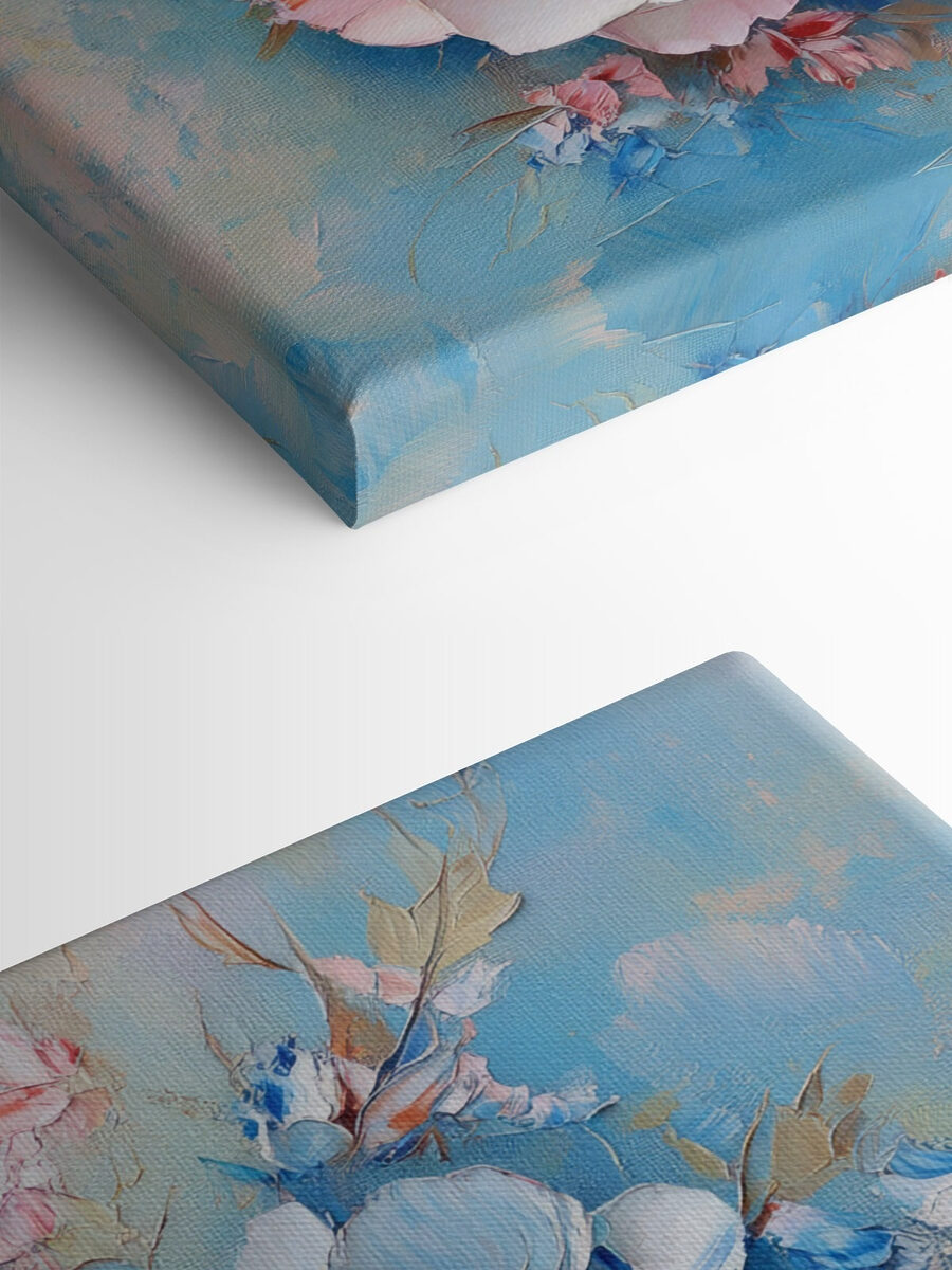 Schilderij van bloemen op een blauw oppervlak
