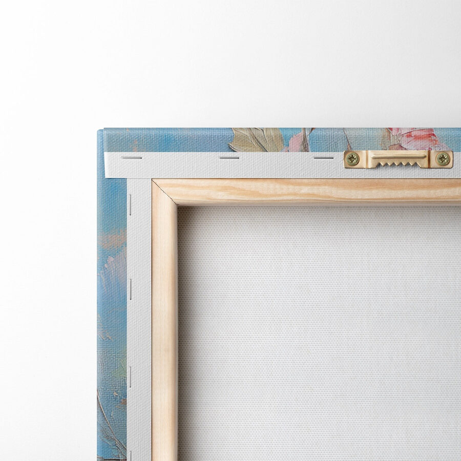Schilderij van bloemen op een blauw oppervlak