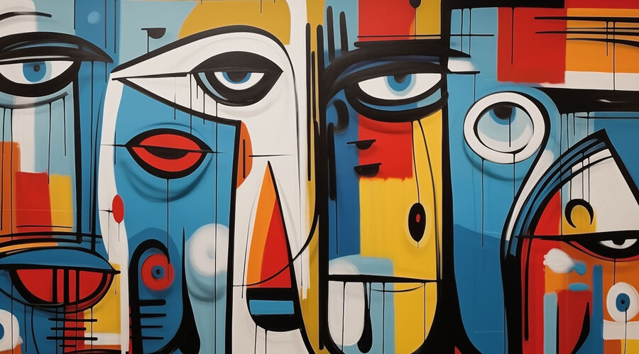 Kleurrijk kunstwerk met verschillende gezichten