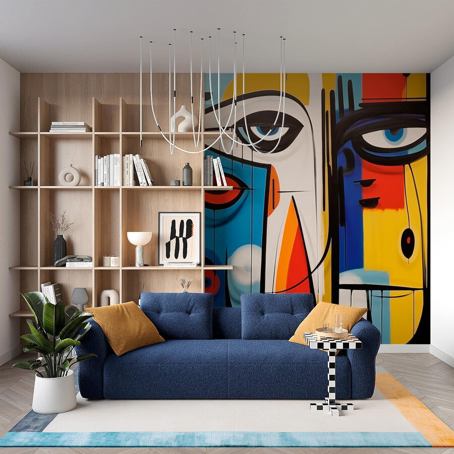 Kleurrijk kunstwerk met verschillende gezichten