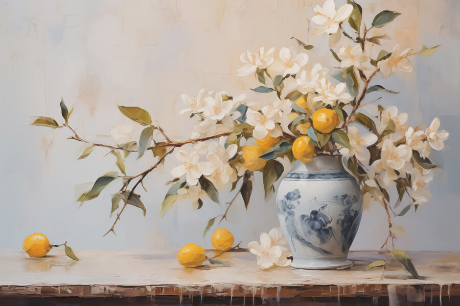 Canvas Schilderijen Schilderij van een vaas met bloemen en citroenen - Afbeelding 7