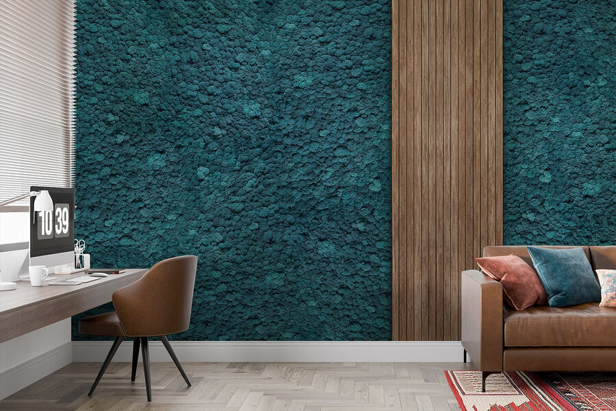 Houten plank op een blauw tapijt