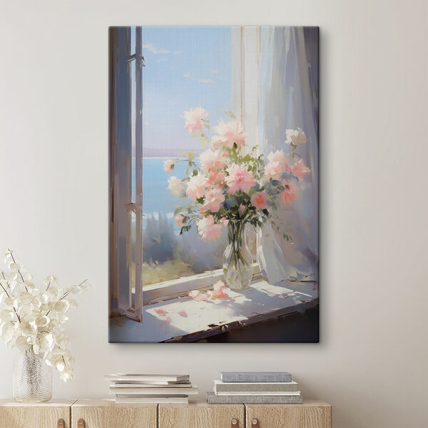 Canvas Schilderijen Canvas Schilderijen Vaas met bloemen voor een raam (Artikelnummer: s42352)