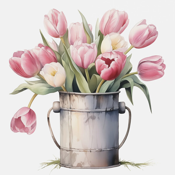 Schilderij van roze tulpen in een metalen emmer Schilderij van roze tulpen in een metalen emmer