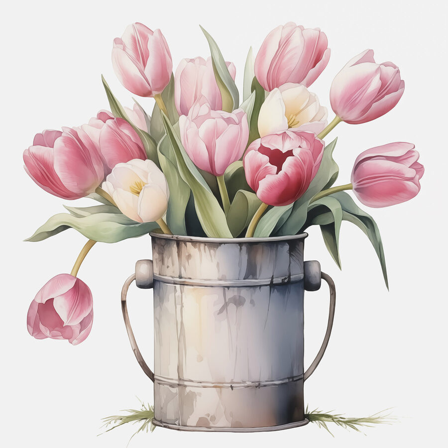 Schilderij van roze tulpen in een metalen emmer