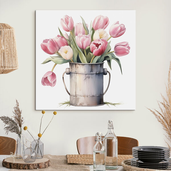 Schilderij van roze tulpen in een metalen emmer Schilderij van roze tulpen in een metalen emmer
