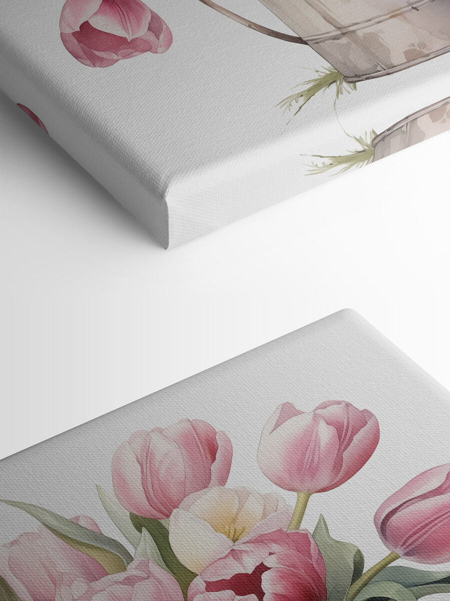 Schilderij van roze tulpen in een metalen emmer