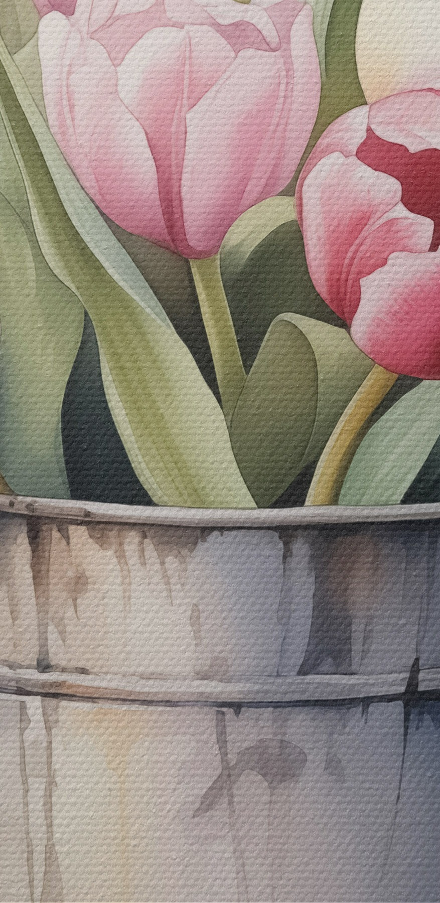 Schilderij van roze tulpen in een metalen emmer