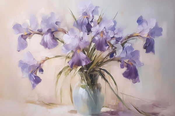 Schilderij van paarse bloemen in een vaas Schilderij van paarse bloemen in een vaas