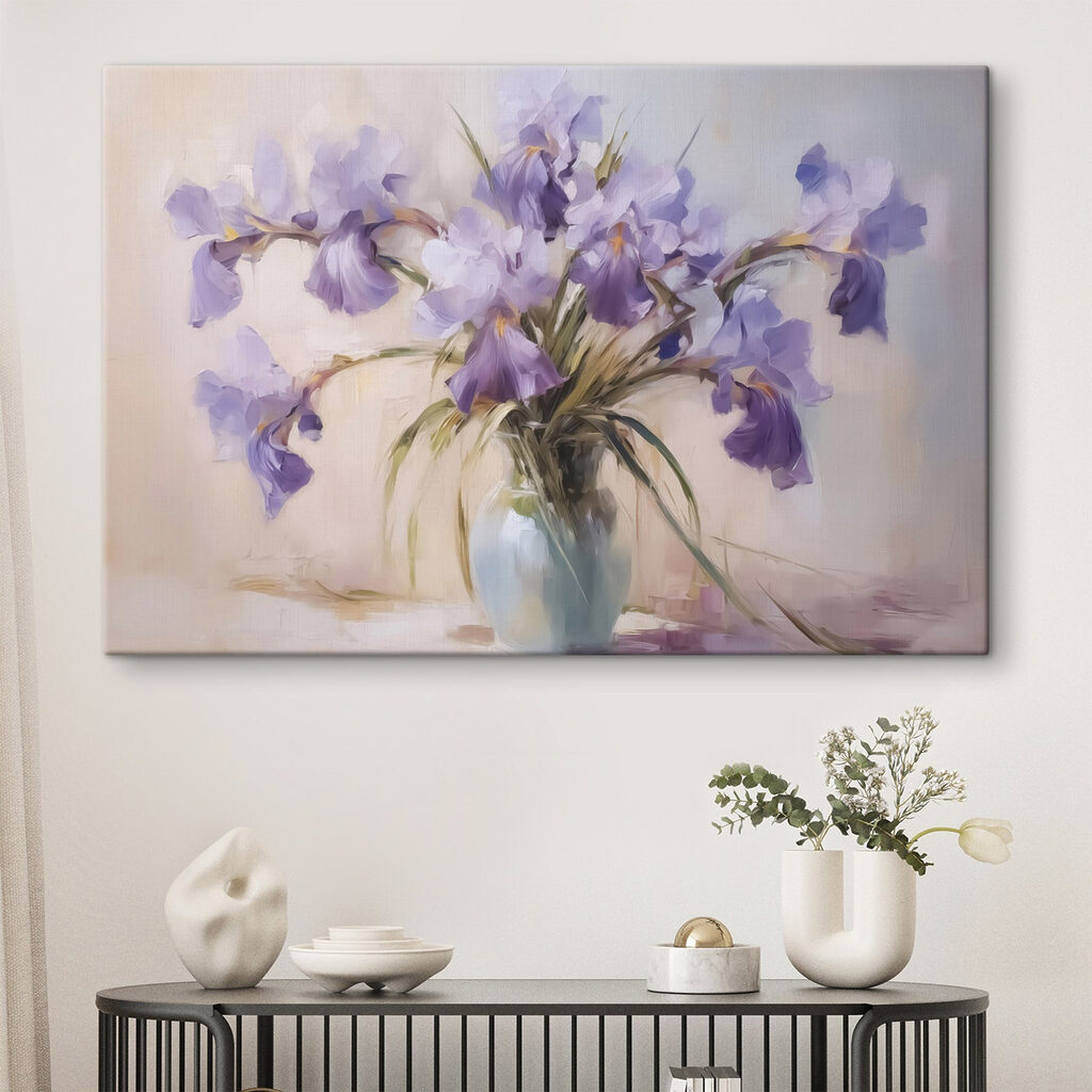 Painting of purple flowers in a vase