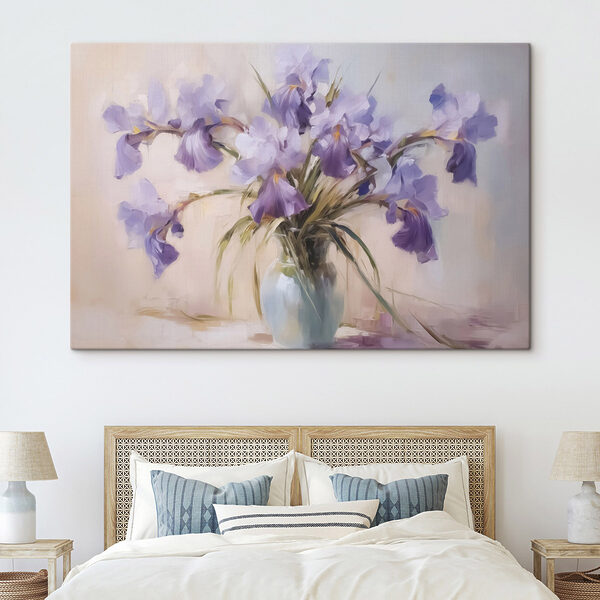 Schilderij van paarse bloemen in een vaas Schilderij van paarse bloemen in een vaas