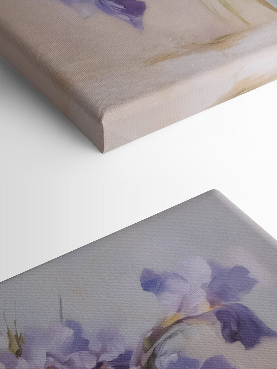 Schilderij van paarse bloemen in een vaas