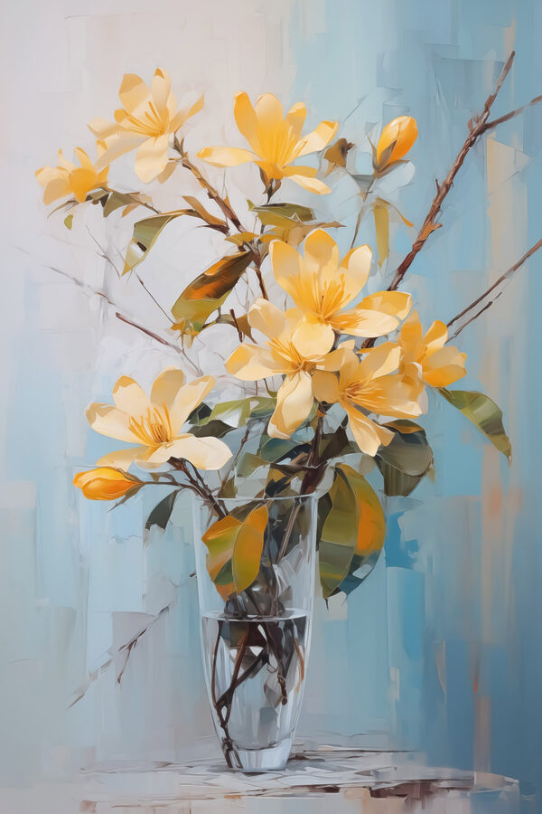 Gele bloemen in een glazen vaas Gele bloemen in een glazen vaas