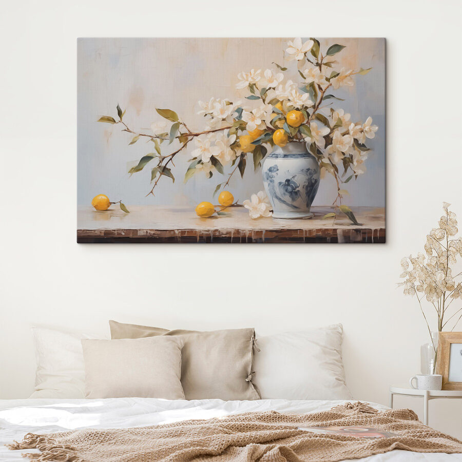 Canvas Schilderijen Schilderij van een vaas met bloemen en citroenen - Afbeelding 2