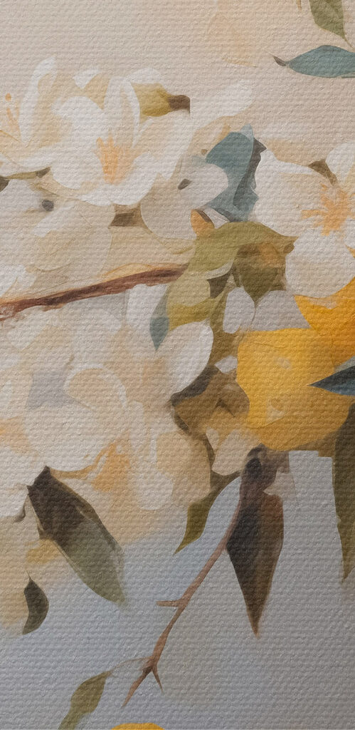 Painting of a vase with flowers and lemons Painting of a vase with flowers and lemons