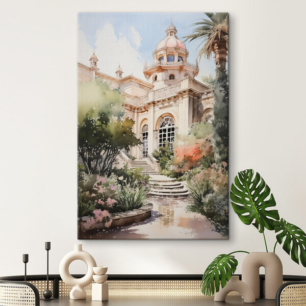Aquarelverfschilderij van een gebouw met toren en trap Aquarelverfschilderij van een gebouw met toren en trap