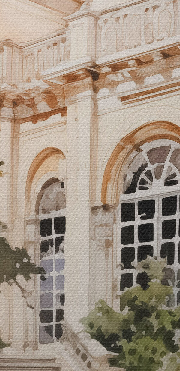 Aquarelverfschilderij van een gebouw met toren en trap Aquarelverfschilderij van een gebouw met toren en trap