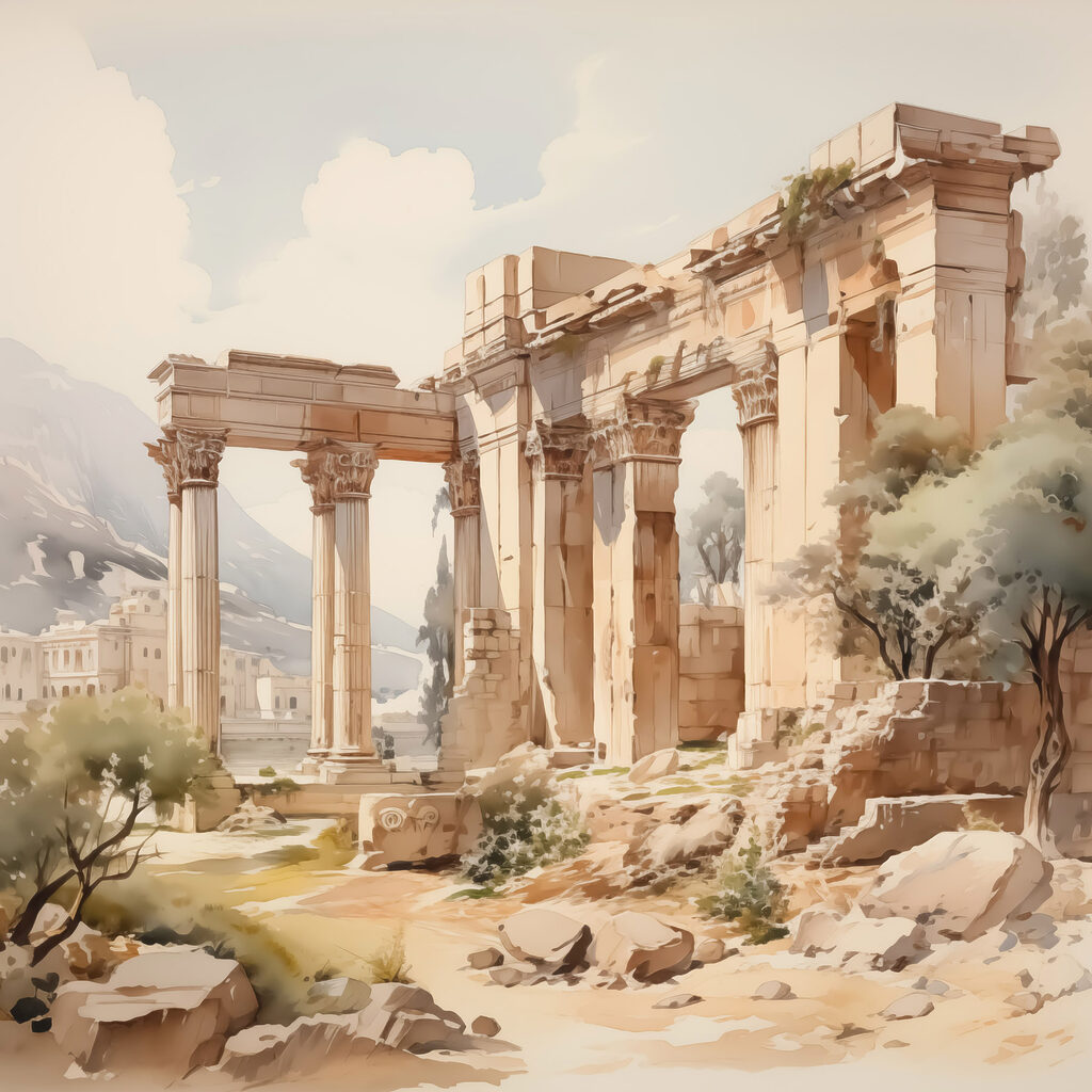 Painting of a stone building with columns Painting of a stone building with columns