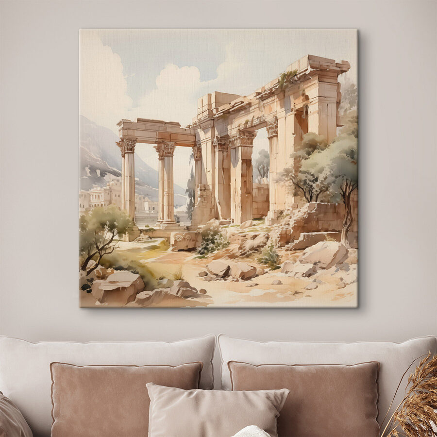 Schilderij van een stenen gebouw met zuilen