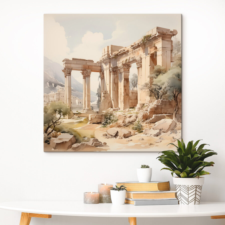 Schilderij van een stenen gebouw met zuilen