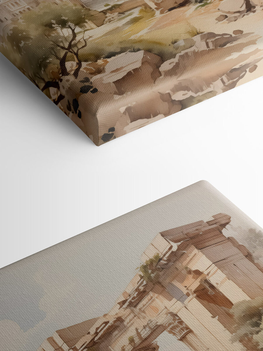 Schilderij van een stenen gebouw met zuilen