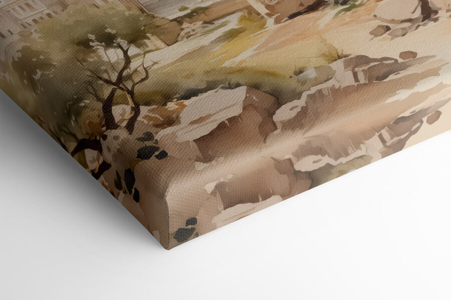 Schilderij van een stenen gebouw met zuilen