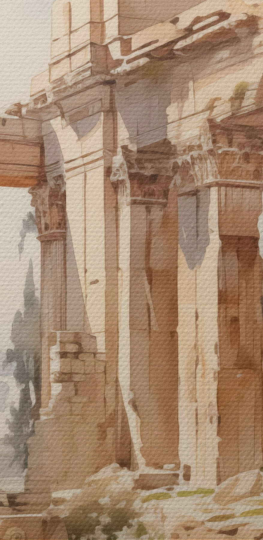 Schilderij van een stenen gebouw met zuilen