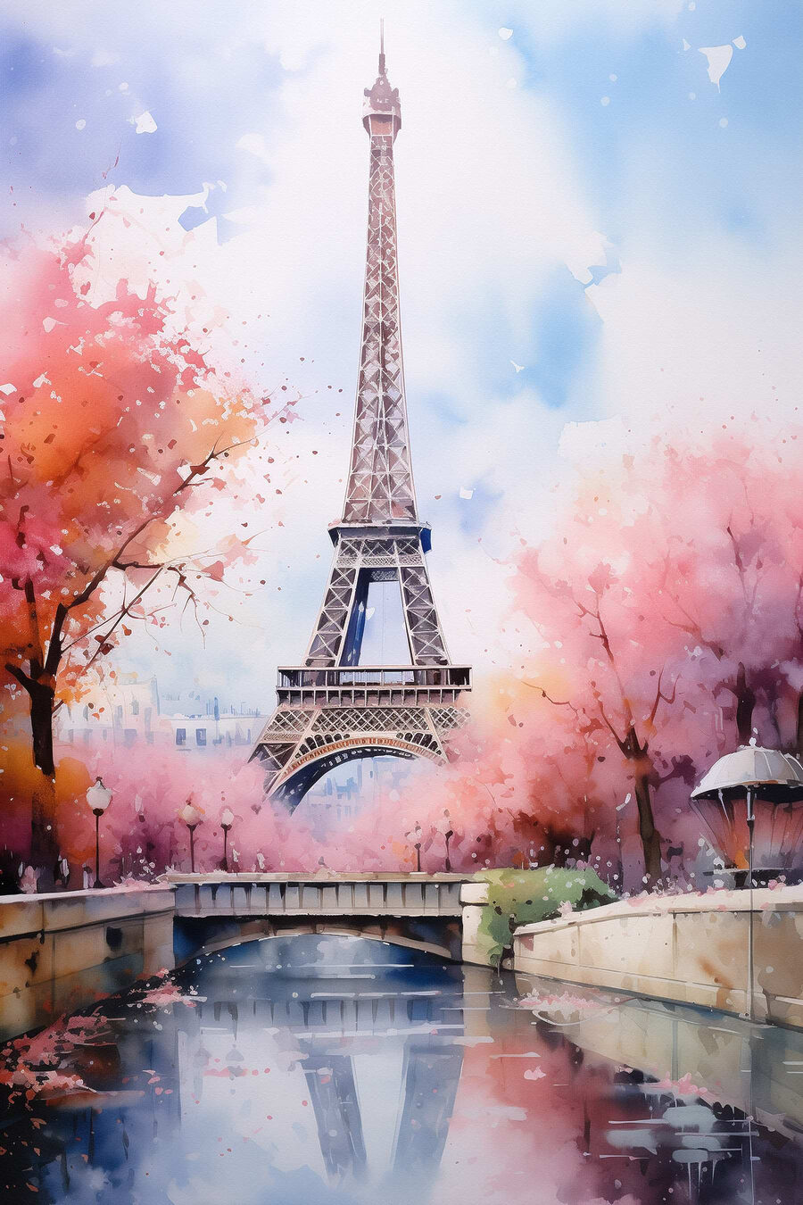 Aquarel van een toren met roze bloemen en een brug