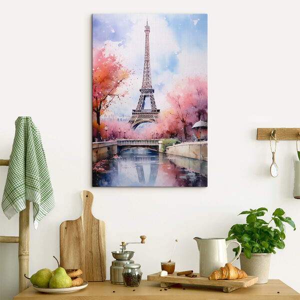 Aquarel van een toren met roze bloemen en een brug Aquarel van een toren met roze bloemen en een brug