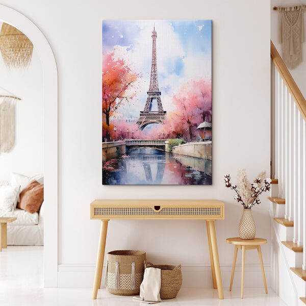 Aquarel van een toren met roze bloemen en een brug Aquarel van een toren met roze bloemen en een brug