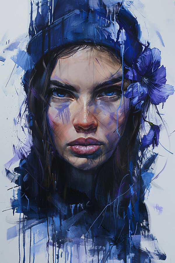 Painting of a woman with blue flowers in her hair Painting of a woman with blue flowers in her hair