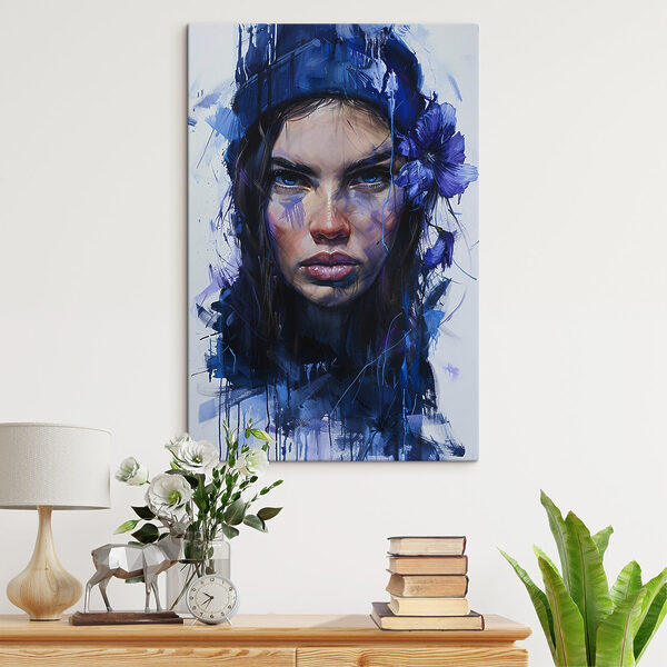 Painting of a woman with blue flowers in her hair Painting of a woman with blue flowers in her hair