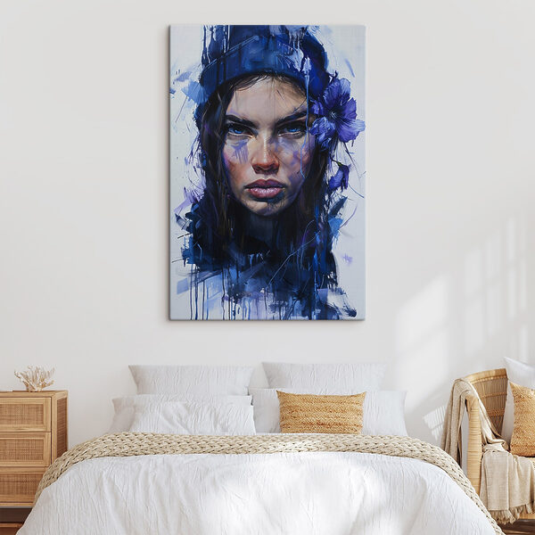 Painting of a woman with blue flowers in her hair Painting of a woman with blue flowers in her hair