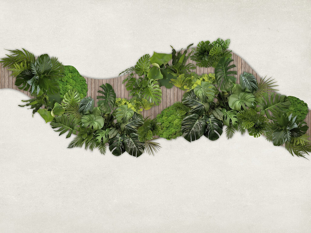 Groep groene bladeren op een houten ondergrond Groep groene bladeren op een houten ondergrond