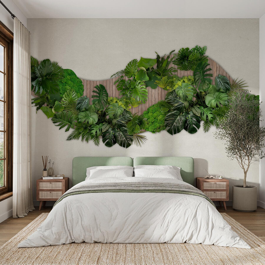 Groep groene bladeren op een houten ondergrond