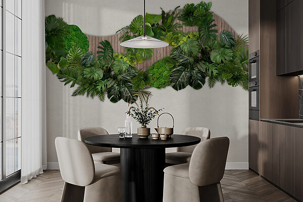 Groep groene bladeren op een houten ondergrond Groep groene bladeren op een houten ondergrond