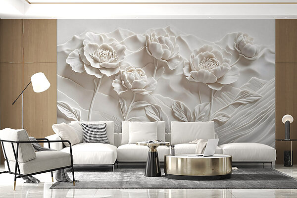 Snijwerk van witte bloemen op een muur Snijwerk van witte bloemen op een muur