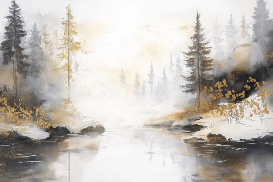 Aquarel van een rivier met bomen en mist