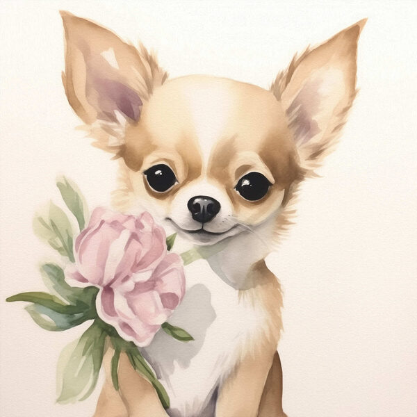 Schilderij van een hond met een bloem Schilderij van een hond met een bloem