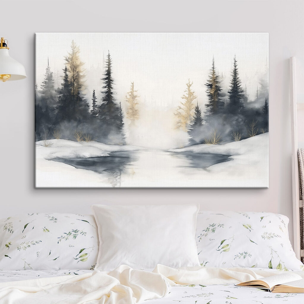 Watercolor painting of a snowy forest